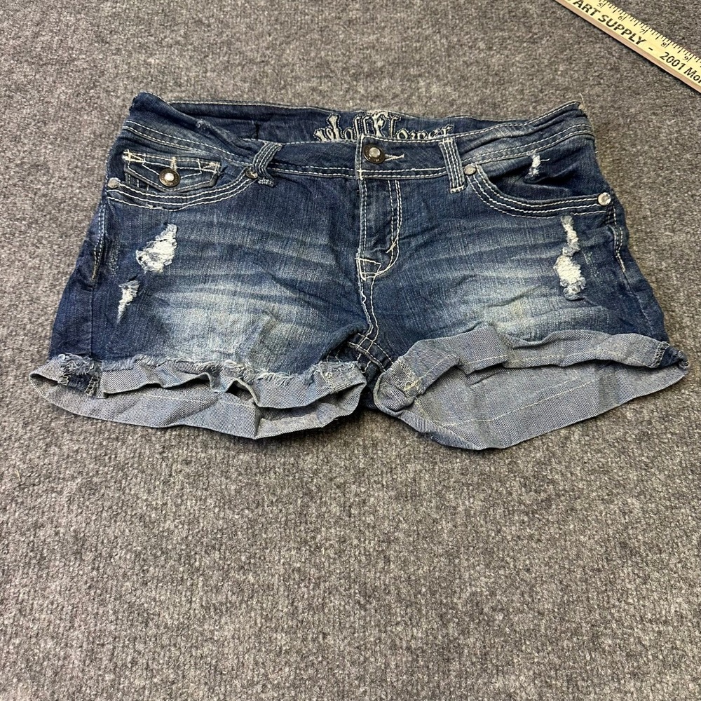WallFlower Shorts Womens Size 11 Blue Distressed Embroidered Denim Cuffed Y2K